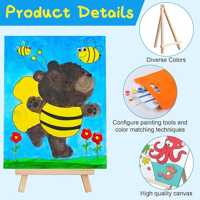 Tenceur 48 Pcs Kids Paint Party Favors Sets with 12 Pcs Animals Oceans Pre Drawn Canvas Panel and Wooden Easel Set Paint Pots and Brushes 12 Mini Apron and Tote Bag for Kids Girls Student Boys