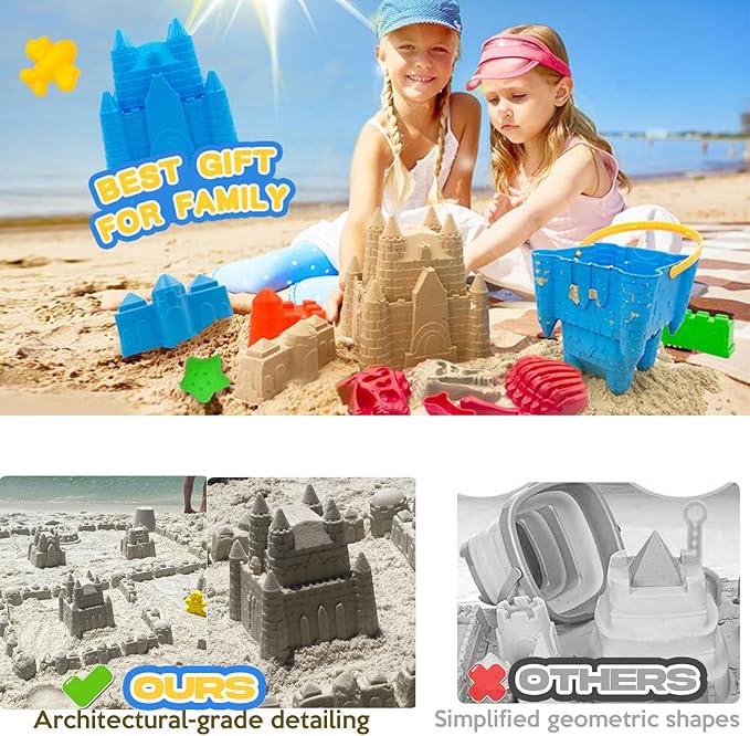 SupMLC Beach Toys, 27 Pcs Sandbox Toys for Kids, Sand Castle Building Kit, Sand Buckets, Collapsible Mesh Bag, Shovels, Dinosaur Molds – Travel Sand Toys for Boys Girls Age 3-10 Beach Accessories