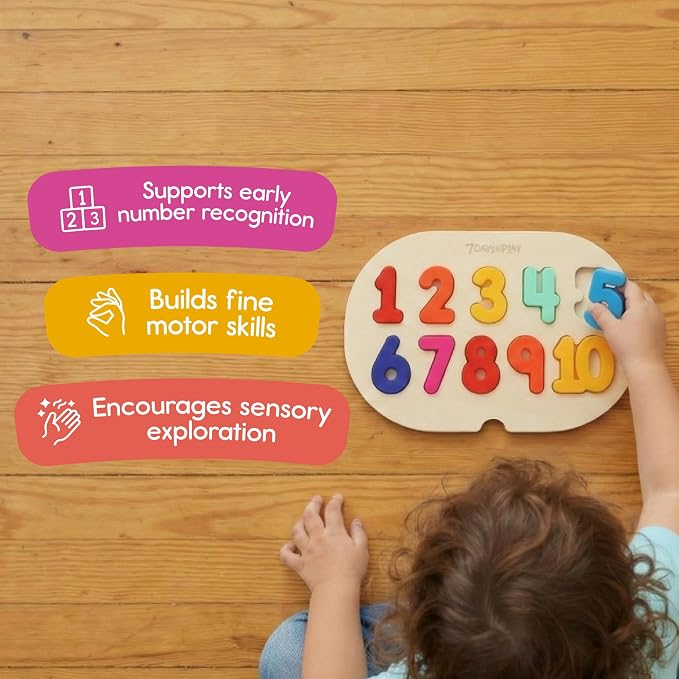 7 Days of Play Number Puzzle for Kids, Sensory Bin Insert for Sensory Tables, Silicone Numbers, Wooden Fine Motor Learning Toy