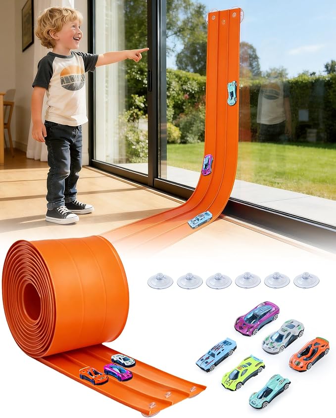 3-Lane Flex Track 15 Ft Flex Race Car Track with 6 Toy Cars,Portable DIY Racetrack Compatible Diecast 1/64th Cars for Ages 3 Up,Birthday Gifts for Boys(Orange)