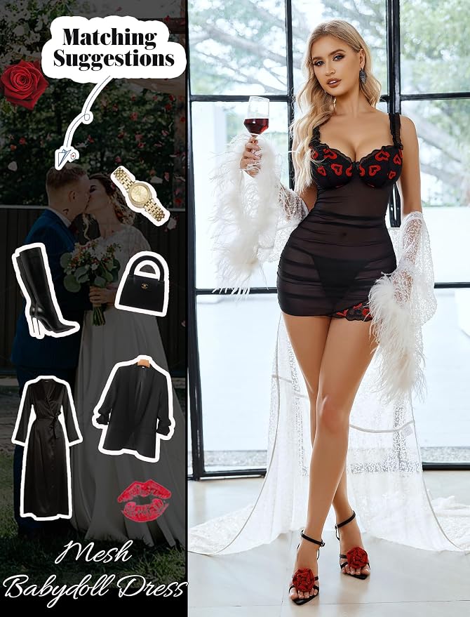 Avidlove Lingerie for Women Mesh Babydoll Lingeries Lace Chemise Floral Sleepwear Dress Sheer Exotic Boudoir Outfit S-XXL