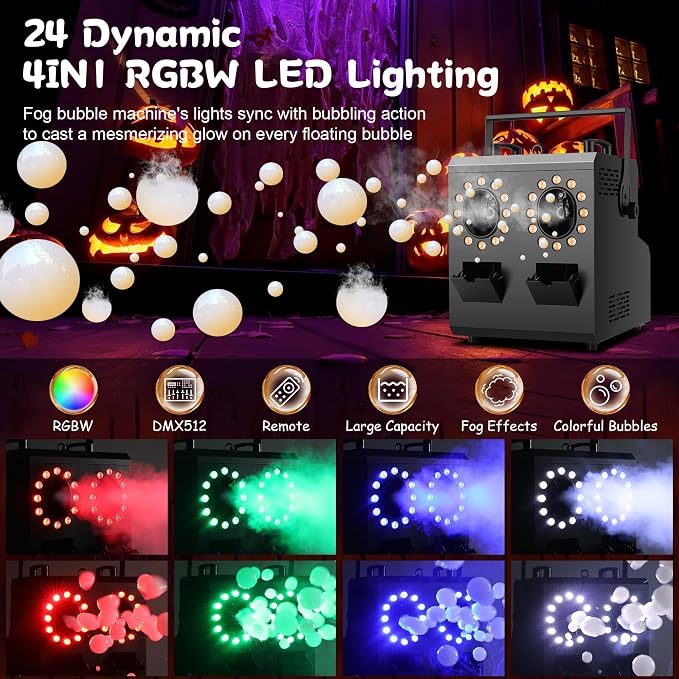 1500W Fog Bubble Machine with 24 RGBW LEDs, DMX512 & Wireless Remote, Dual 5L Tank, Timer — Professional Smoke Filled Bubble Blower for Wedding Halloween DJ Stage Party Indoor Outdoor