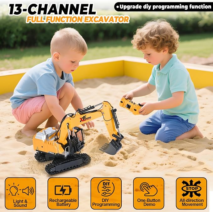 Shemira Remote Control Excavator, 13 Channel RC Excavator Toy for Boys 3-5 4-7 8-12 Year Old, 2.4Ghz RC Construction Vehicles with Metal Shovel & Light & Sound, Kids Christmas Birthday Gifts