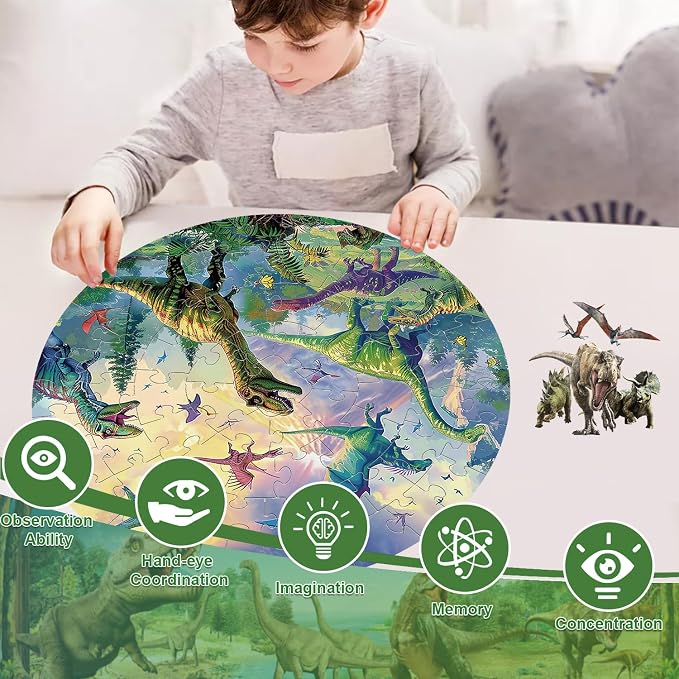 Floor Puzzles for Kids Ages 4-6 70 Piece Dinosaur Puzzles 3-5 Large Round Toddler Jigsaw Puzzles Preschool Learning Educational Toy Birthday Gift for Boys Girls Ages 6-8