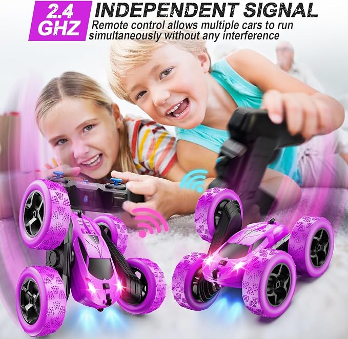 QUNREDA RC Cars, Purple Remote Control Car for Girls, 2.4 GHZ Double Sided RC Stunt Car 360° Rotating Remote Control Crawler with Headlights Car Toys for 6 7 8 9 10 11 12 Girls Birthday Gift