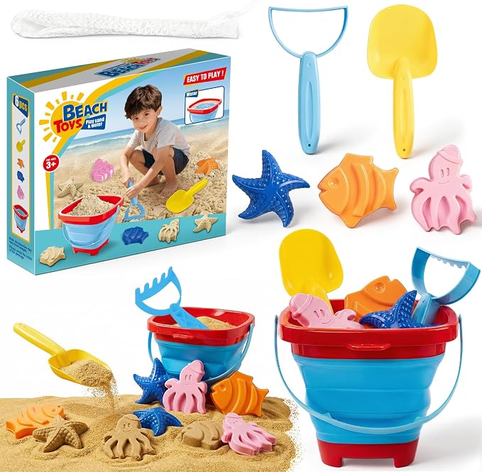 Beach Sand Toys Set for Toddlers, Portable Travel Beach Toys with Collapsible Bucket, Shovel, Rake, 3 Molds & Mesh Storage Bag for Kids, Summer Gift