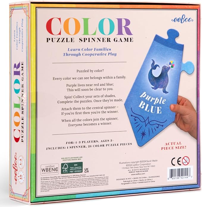 eeBoo: Color Puzzle Spinner Game - 24 Color Puzzle Pieces, Learn Color Families, Educational Cooperative Childrens Game, Kids Ages 3+, 1-3 Players