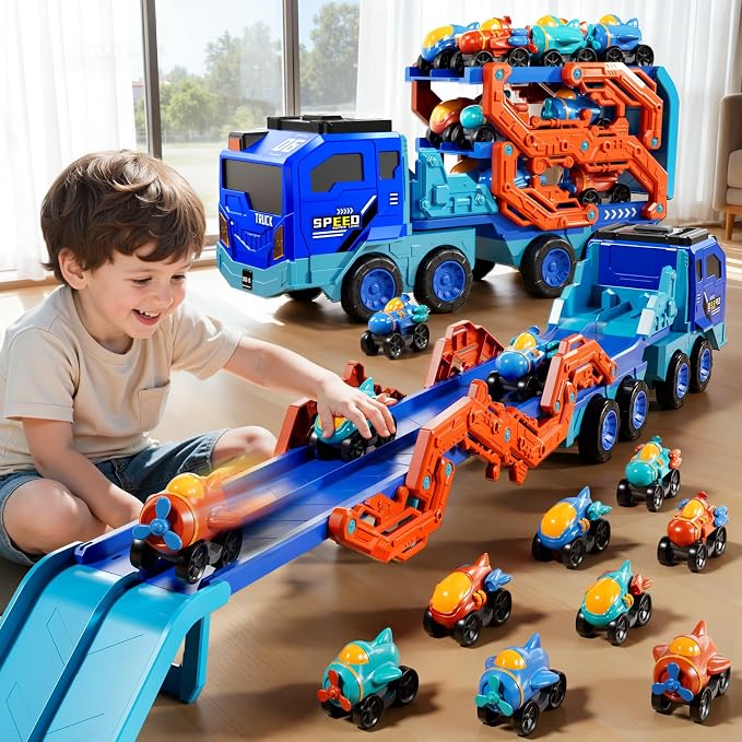 PEADUCK Toddler Car Truck Toys for Kids Boys Ages 3-5, 10-in-1 Foldable Carrier Space Truck Toys with Lights & Sounds and 9 Race Cars, Birthday Gift for 3 4 5 6 7 8 Years Old Boys Girls