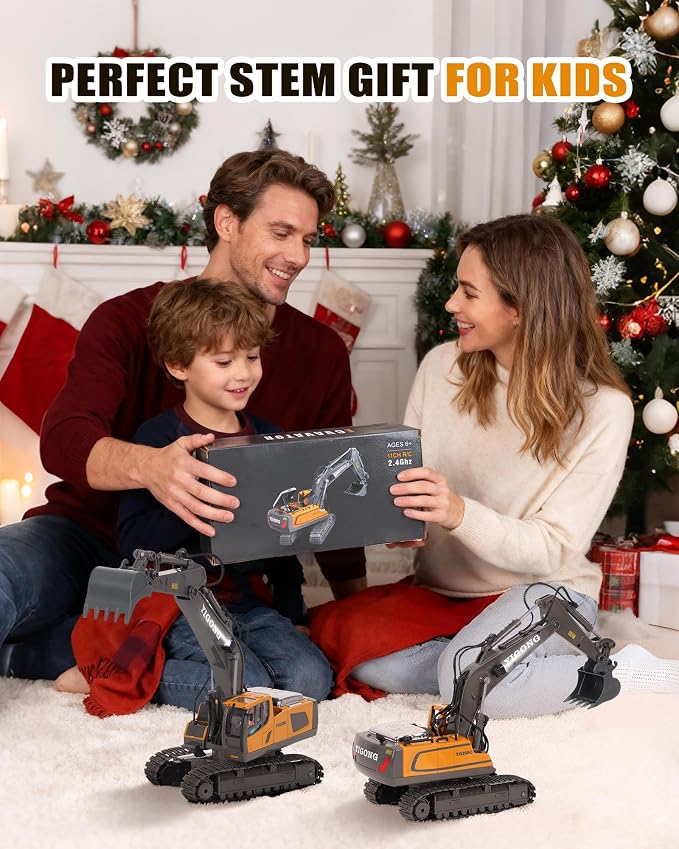 HuiJuKeJi 11-Channel Remote Control Excavator Toy, Rechargeable 2.4 GHz RC Construction Vehicle for Kids, 680° Rotation | Metal Shovel | Lights & Sounds, for Boys Ages 6-12