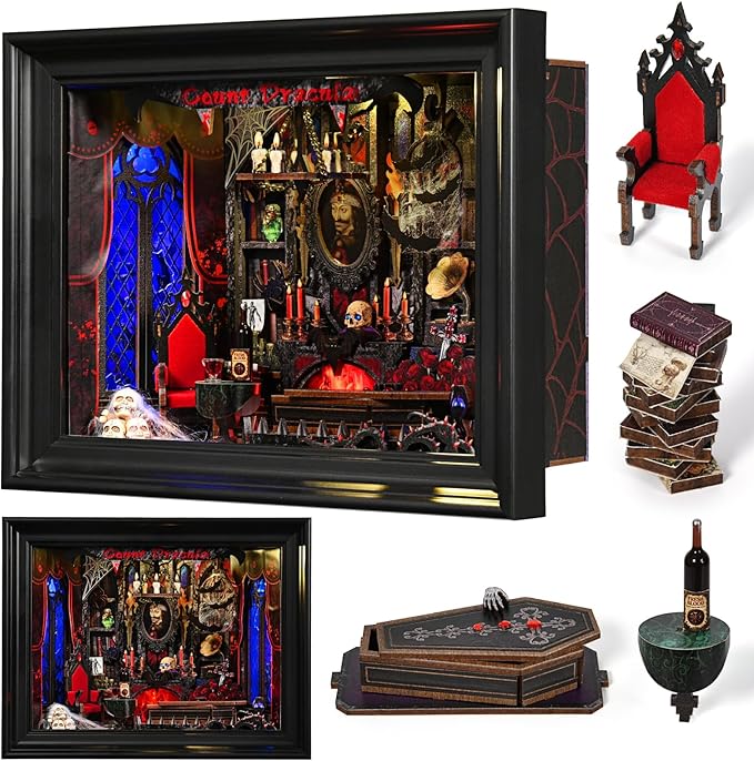 Book Nook Kit-3D Wooden Puzzle with LED Switch Control & Wall-Mountable Frame,DIY Miniature House for Beginners,Bookshelf/Tabletop/Wall Decor for Craft Lovers,Dollhouse Gift,Count Dracula