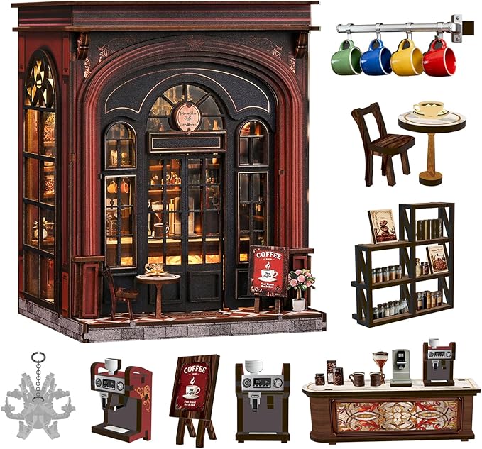 Roroom Book Nook Kit for Adults, Vintage Coffeehouse House Building Kit | 3D Wooden Puzzles with LED, Bookshelf, Desk and Bedside Room Decor, Relaxing Craft Project, Creative Gift