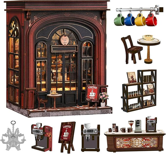 Roroom Book Nook Kit for Adults, Vintage Coffeehouse House Building Kit | 3D Wooden Puzzles with LED, Bookshelf, Desk and Bedside Room Decor, Relaxing Craft Project, Creative Gift
