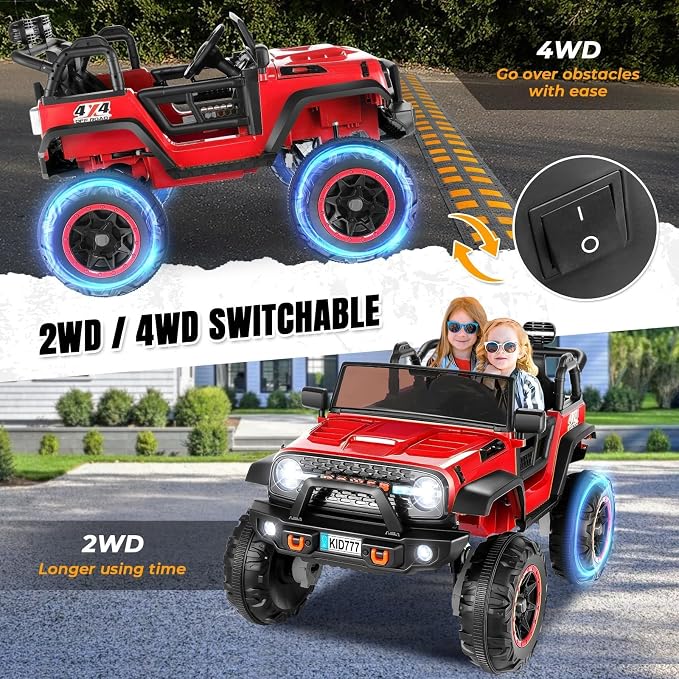 Hikole 24 Volt Electric Ride on Car, 2 Seater Battery Powered Car for Big Kids with Remote Control, 4WD/2WD Switchable Ride on Truck w/4 Spring Suspension, Music, 20" Wide Seat -Red