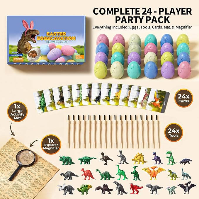 24 Pack Colorful Dinosaur Eggs Excavation Kit with Learning Cards - Dino Dig STEM Science Toy for Kids - Easter Basket Stuffers, Party Favors Birthday Gifts Classroom Activities for Boys Girls Age 3+
