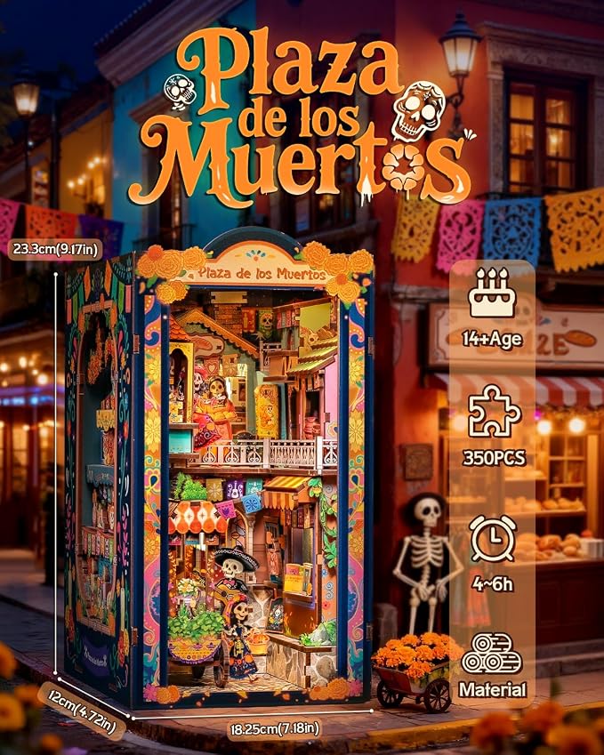 CUTEBEE Book Nook Kit - Mexican Fiesta DIY Miniature Dollhouse, Vibrant LED Bookshelf Decor Alley Model for Adults Teens, Gifts for Family and Friends（Plaza de Los Muertos）