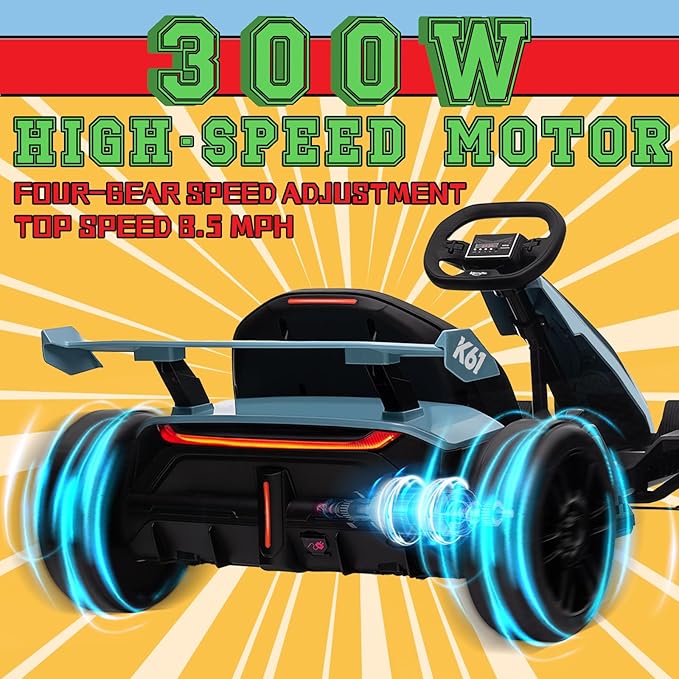 KerryYoo K61 Go Kart Electric Drift Kart with Length Adjustable Seat, 24V Outdoor Ride on Toy with 4 Speed Mode, Crazy Kart for Kids 6-12 Years Old, Fast 300W Motor, 8.5 MPH, Bluetooth - Blue
