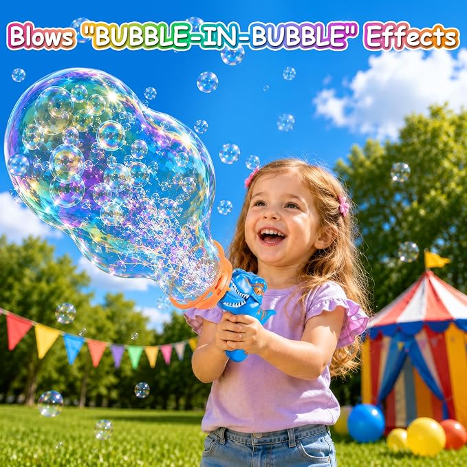 Dinosaur Shaped Bubble Gun for Kids - Blows Over 1000 Bubbles per Minute & Creates Giant Bubbles, Birthday, Christmas & Easter Gift for Boys & Girls Ages 3-9 (Blue)