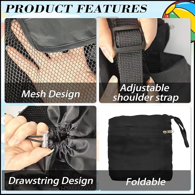 INVODA Mesh Beach Bag Drawstring Beach Backpack Foldable Toy Organizer Bag Shell Adjustable Straps Large Capacity Swim Bag