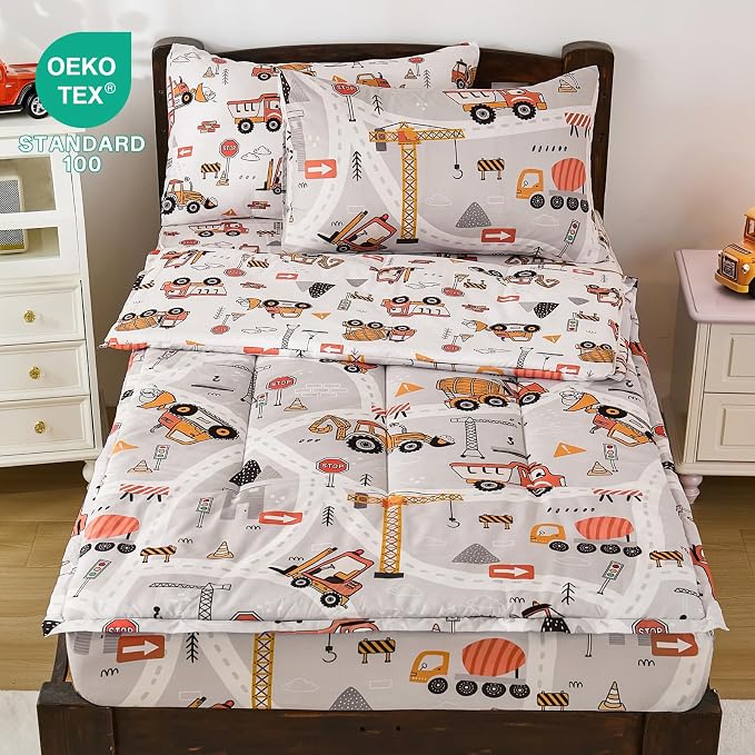 DJY Zipper Bedding Set Twin, Cars Bedding Sets for Boys, Kids Construction Comforter Set with Fitted Sheet Pillowcases, All in One Zipper Bed Set for All Seasons