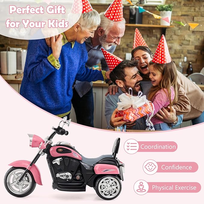 Costzon Kids Motorcycle, 6V Battery Powered Ride on Chopper Motorcycle w/Horn, Headlight, 3-Wheel Stable Ride on Toys, Electric Toddler Motorcycle for Kids, Gift for Boys Girls (Laser Pink)