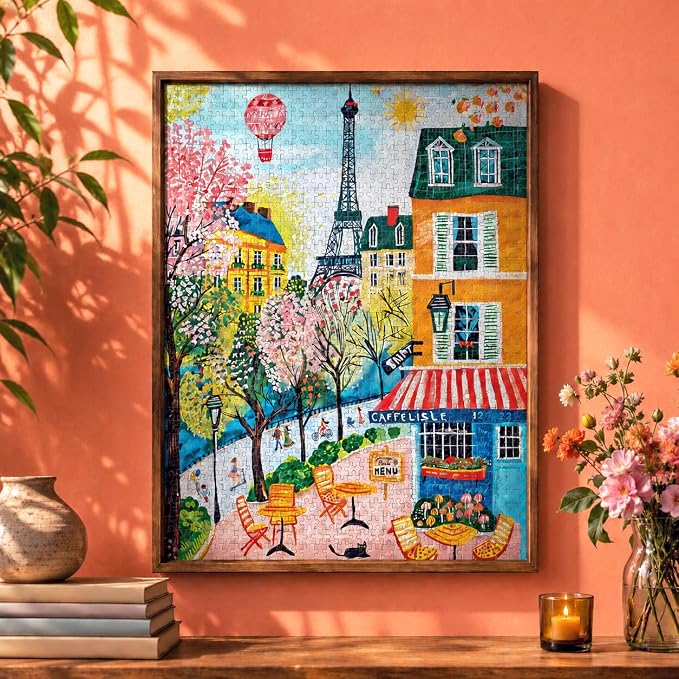Cross & Glory – Morning at Café Lisle – 1000 Piece Jigsaw Puzzle for Adults | Paris Folk Art Puzzle | Bright Eiffel Tower Café Scene | Premium Quality 1000 Piece Puzzle for Adults