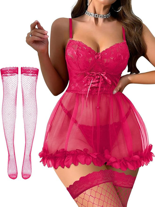 Foxiny Sexy Ruffle Floral Skirt Underwire Mesh Sheer Lace Babydoll Lingerie Dress with Thong 2 Piece