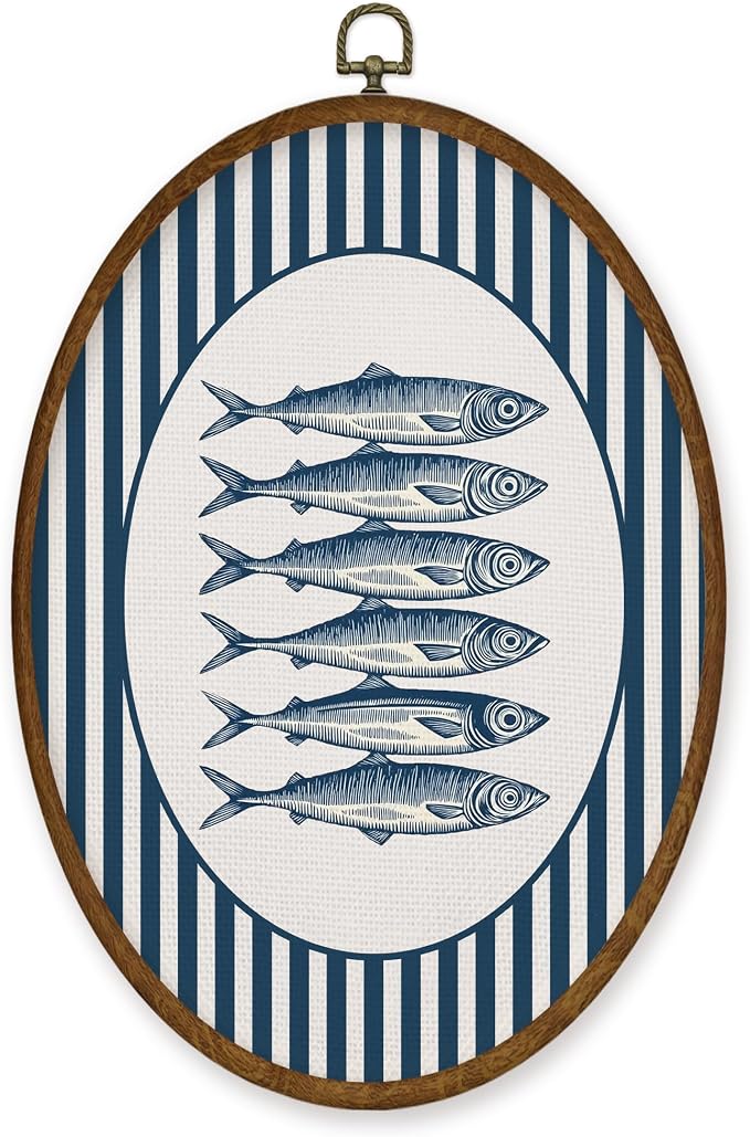 WULQYING Coastal Beach Sardine Fish Wall Art Decor, Ocean Beach Nursery Oval Framed Canvas Art Prints, Blue Nautical Fish Wall Hanging Decor for Home Bedroom Kitchen Kids Nursery Room, 8.6x11.4 Inches