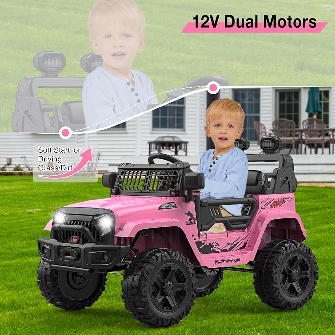 GarveeLife 12V Kids Electric Ride On Truck Car w/Parent Remote Control, Spring Suspension, LED Lights & AUX Port | Outdoor Ride Toy for Boys Girls