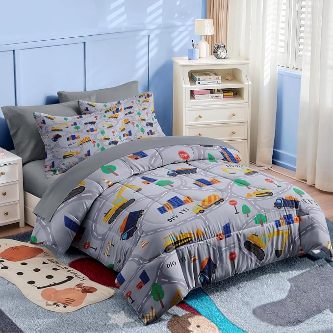 Nesker 7 Pcs Comforter Set Queen Size, Construction Vehicles Car Bedding for Kids Teen, Town Tree Truck with Fitted Sheet 2 Pillowcases & 2 Shams for Bedroom Bed Decor