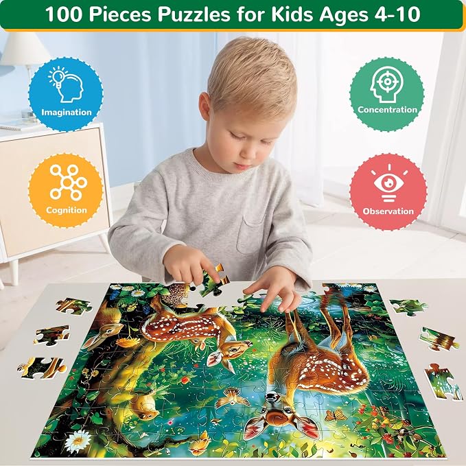 Puzzles for Kids Ages 4-8, 100 Piece Puzzles Kids Ages 4-6 6-8 8-10 Deer Animal Jigsaw Puzzle Toys Educational Puzzle Floor Birthday Gifts for Girls and Boys