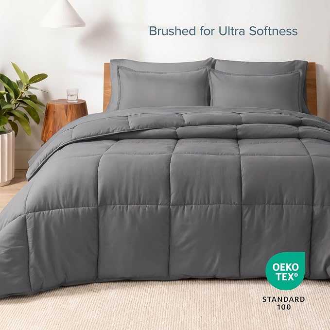 Bare Home Bed-in-A-Bag 7 Piece Comforter & Sheet Set - King - Goose Down Alternative - Ultra-Soft 1800 Premium Bedding Set (King, Grey/Grey)