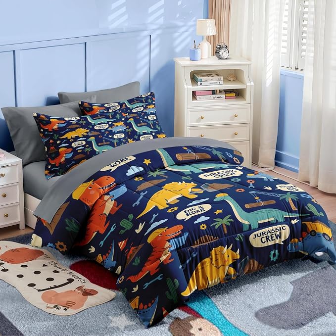 Nesker Dinosaur Comforter Set Twin Size, 5 Pieces Bed in a Bag, Blue Dinosaur Bedding Set for Boys, Construction Excavator Comforter Set with 1 Pillowcase & 1 Sham