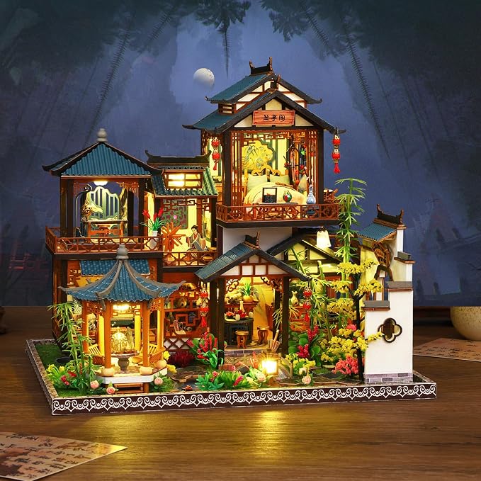 DIY Miniature House Kit - Miniature Wooden Dollhouse Kit - Mini House Building Kit for Adults - Vintage Courtyard Tiny Model House Kit with LED, Miniature Kit, Creative DIY Adult Crafts Gift