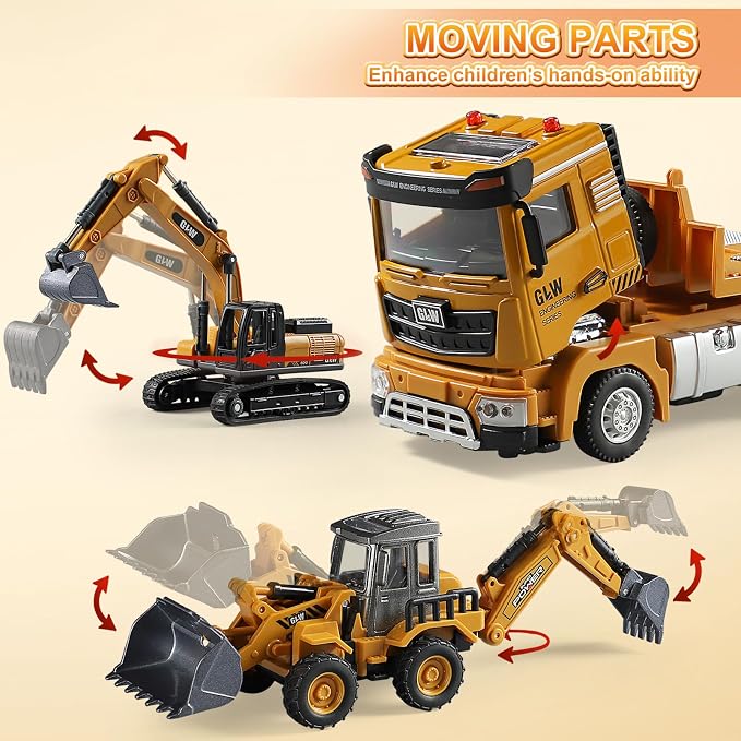 Construction Carrier Trucks Toy Set – Alloy Inertia Driving 1:40 & 1:55 Simulation Model Vehicles Toys, Including Excavator, Double Arm Excavator – Gifts for Ages 3-8, Boys and Girls