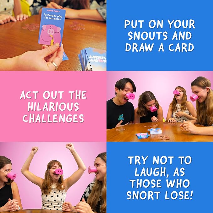 Snort Funny – The Oinkredible You Laugh You Lose Party Game, Family Games for Kids and Adults w/ 150 Challenge Cards, 5 Pig Snouts & Mud Tokens, Funny Games for Friend & Family, 4-8 Players, Ages 8+