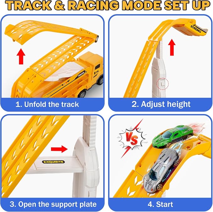 Kids Toys for 3 4 5 6 7 8 Years Old Boys, Carrier Truck Transport Car Toys, Foldable 2 Layer Car Race Track Playset with 25-in Race Track, 6 Metal Toy Cars, Birthday Toy Gift for Toddler-Yellow