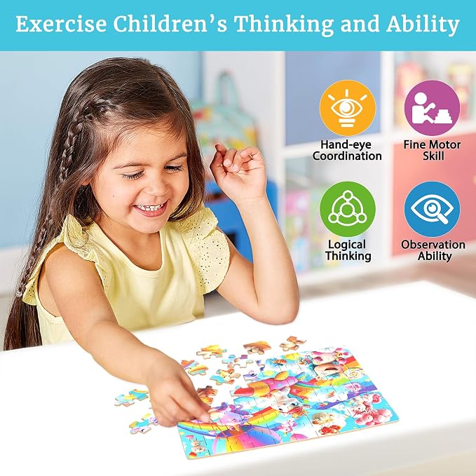 MZZOTOY Rainbow Horse Unicorn Puzzles for Kids Ages 4-8, 60 Pieces Jigsaw Puzzles for Kids Ages 3-5 Puzzle for Girls and Boys Learning Educational Puzzles Toys in a Metal Box