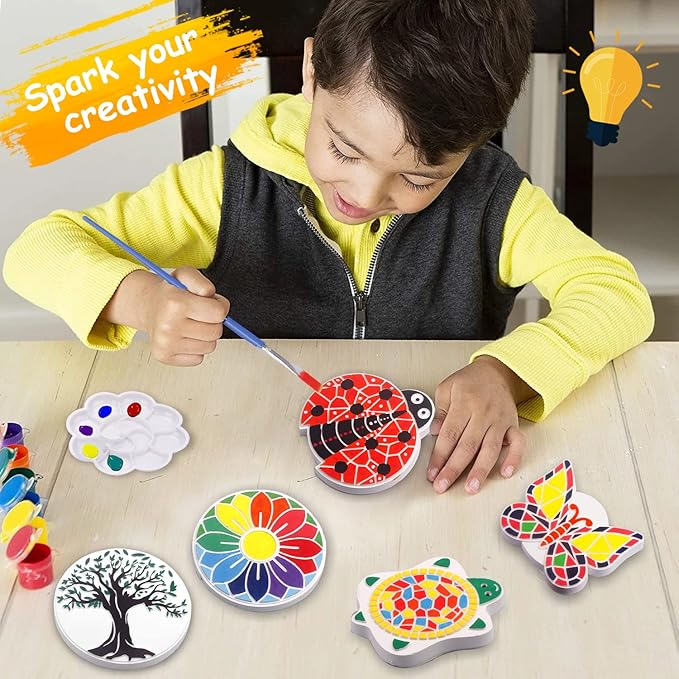 Paint Your Own Stepping Stones 5-Pack for Kids, Boys & Girls Ages 3-12, Butterfly, Turtle, Flower, Tree & Ladybug DIY Outdoor Garden Art & Craft Ceramic Painting Set for Birthday Summer Activity