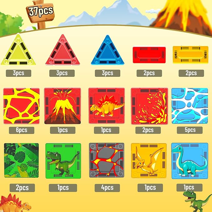 SKTMYY Mini Magnetic Tiles,Dinosaur Themed Travel Magnetic Tiles Set with Iron Box for Kids Ages 3+,Car Airplane Travel Essential,Educational Preschool Toys,Birthday Gifts