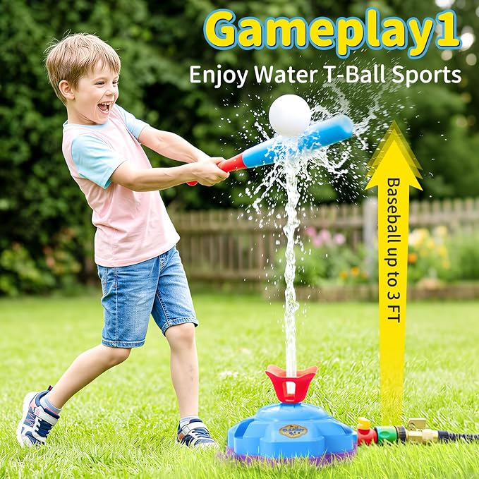 4-in-1 Sprinkler Toys for Kids Ages 4-8, Water Baseball, Rotating Water Spray, and Rocket Launcher for Toddlers, Backyard, Garden, Lawn, and Pool Outdoor Play in Summer for Boys and Girls Ages 3-5.