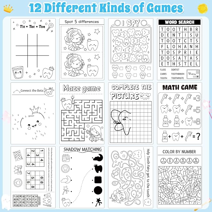 Tooth Fairy Activity Books for Kids - 48Pcs Cute Tooth Fairy Mini Games Coloring Book Set Bulk Cartoon Novelty Tooth Themed Mazes Word Search Word Scramble Games for Classroom DIY Art Gift Party Favor