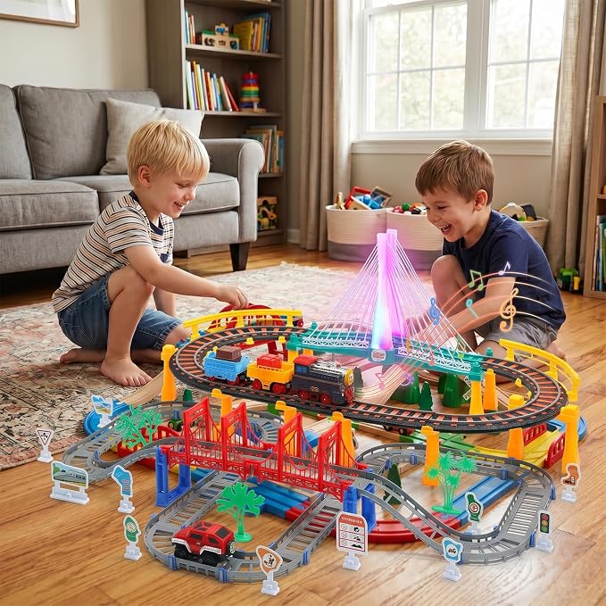 Electric Toddler Train Set Toy, Battery Powered Railway Train Track Toy Playset with Realistic Sound & Lights Up for Kids Ages 3 4 5, Boys and Girls