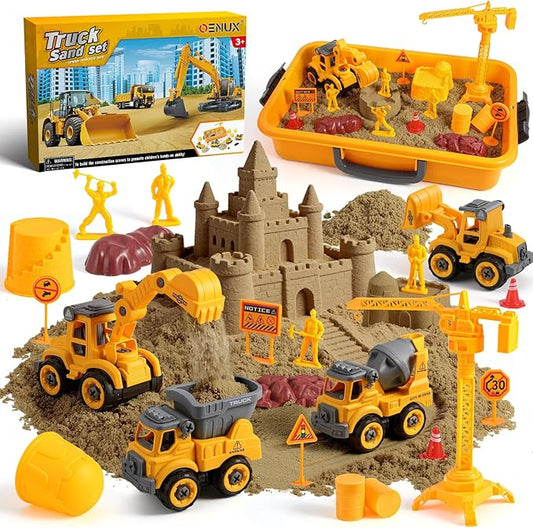 OENUX Play Sand Construction Set, Beach Building Castle Kit w/ 2.2lbs Play Sand, 4 Take Apart Construction Trucks Toys and Signs, Sensory Sandbox with Cover for Boy Girl Kid Toddlers Age 3-8
