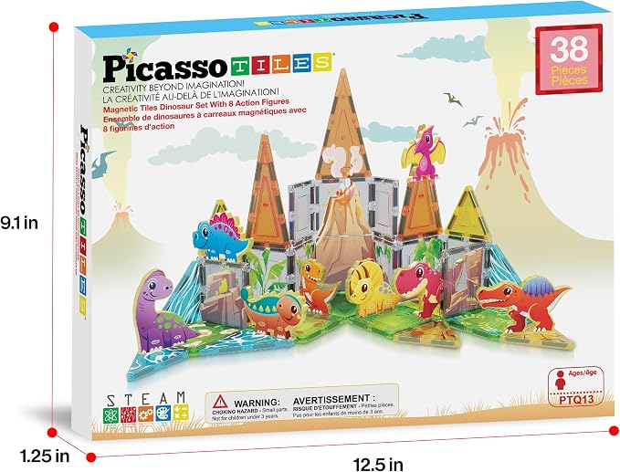 PicassoTiles Magnet Tiles Building Blocks Dinosaur Theme Set with 8 Magnetized Action Figures Magnetic Construction Build and Play Toy with Magnets STEM Learning Activities for Toddlers 3+ PTQ13