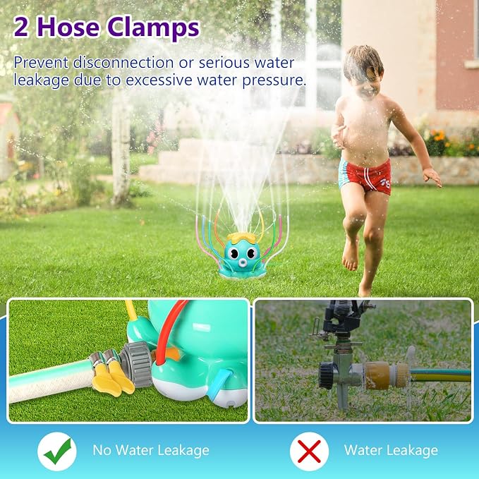 MoKo Water Spray Sprinkler for Kids-Cute Sprinkler with 8 Wiggle Tubes and 2 Hose Clamps Outdoor Sprinklers Summer Octopuses Toys for Garden Backyard Lawn Splashing Fun Toys for Boys Girls, Light Blue