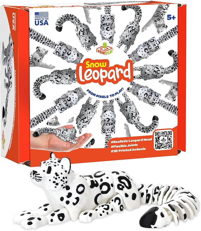 Born to Print Articulated 3D Printed Animal Fidget Toy – Flexible Moving Desk Toy for Kids & Adults | Sensory Stress Relief Toy | Realistic Collectible Animal Figure (Snow Leopard)