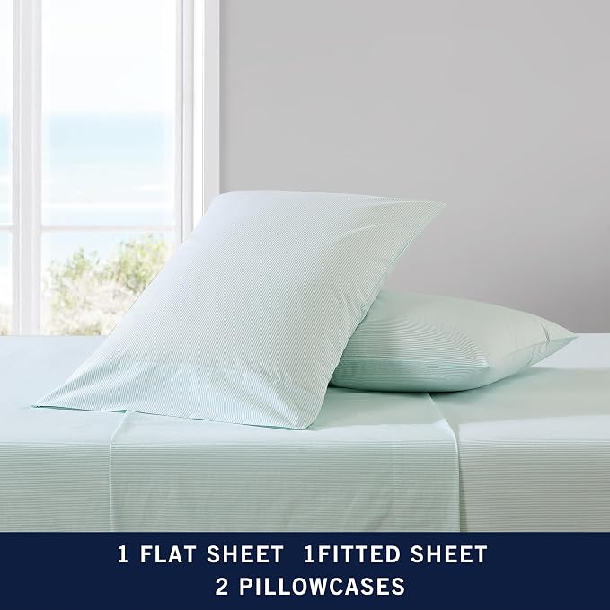 Nautica - Full Sheet Set, Cotton Percale Bedding Set, Crisp & Cool, Lightweight & Breathable (Penny Pinstripe White, Full)