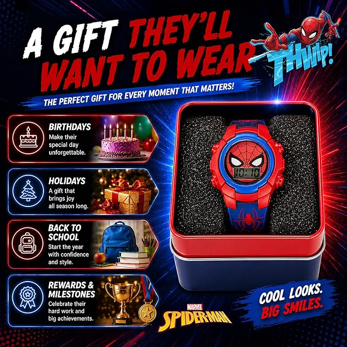 Marvel Spider-Man Kids Watches – Digital Display, Interactive Features, Adjustable Strap, Vibrant Spider-Man Graphics, Durable for Active Kids