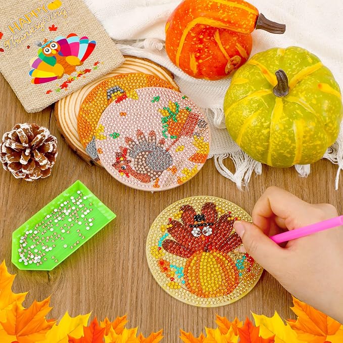UPINS 8Pcs Fall Diamond Art Coasters with Holder Thanksgiving Diamond Turkey Art Coasters Kits for Adults Kids Beginners Diamond Craft Supplies