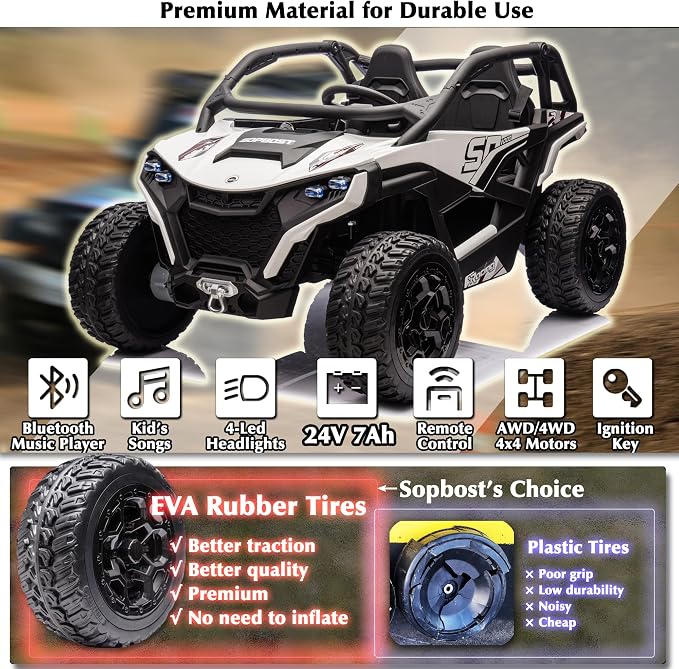 sopbost XL 24V Real 2 Seater Kids UTV Ride-On Car with Remote Control 4x4 4WD Electric Vehicle for Kids 3-8 to Drive, Bluetooth Music, 4 Spring Suspension, 21.85" Spacious Seat - White